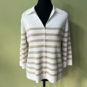 ⭐️ SALE $65 ⭐️ Vintage Y2K Luxury Gold Glitter White Striped 3/4 Sleeve Cardigan